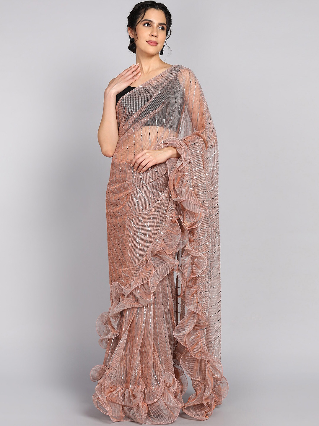 

Snija fashionStriped Sequinned Supernet Ikat Saree, Peach