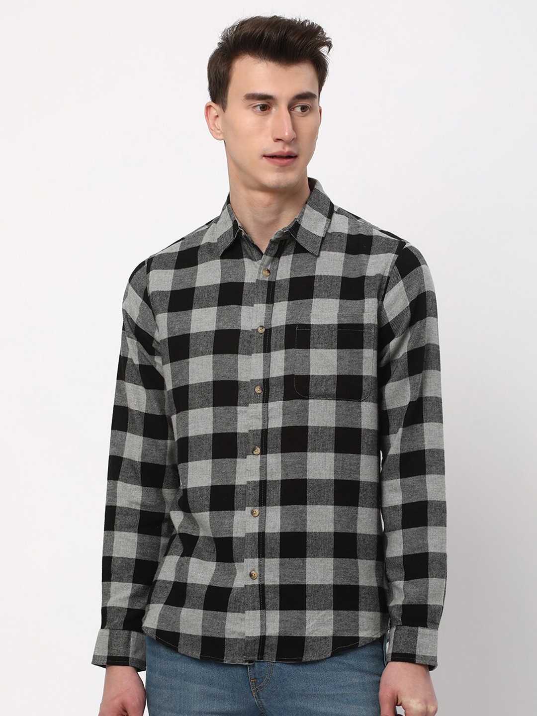 

R&B Buffalo Checks Cotton Casual Shirt, Black