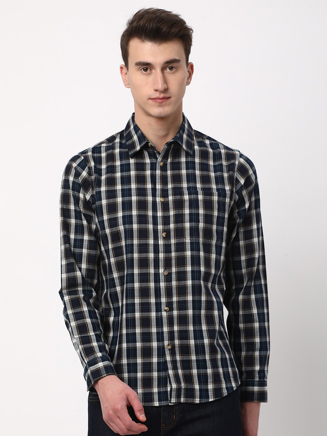 

R&B Tartan Checks Cotton Casual Shirt, Navy blue