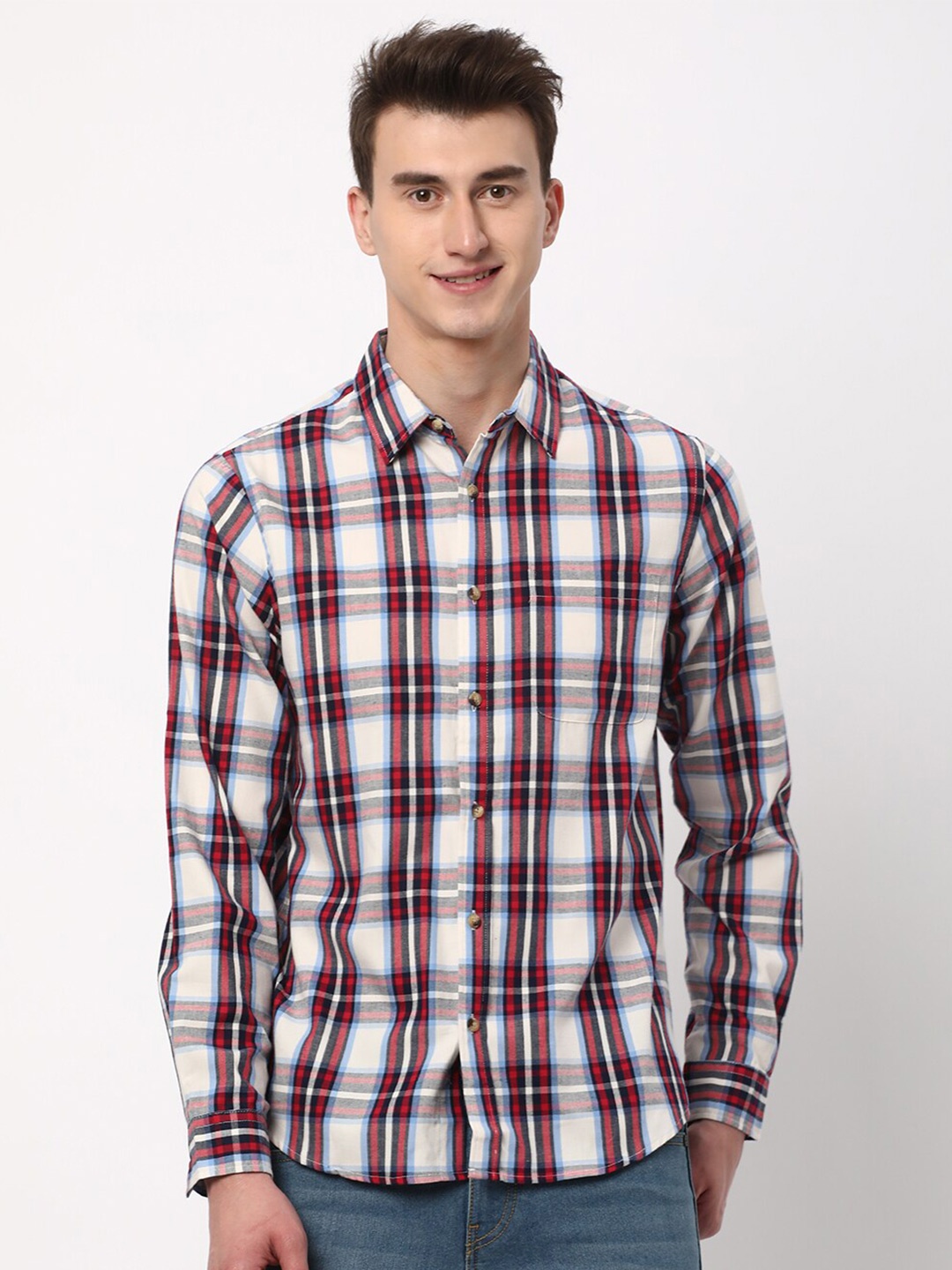 

R&B Tartan Checks Cotton Casual Shirt, White