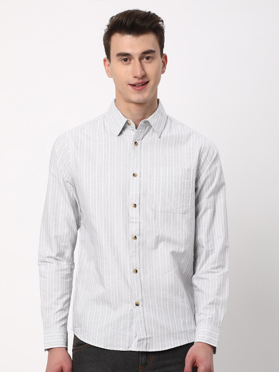 

R&B Striped Cotton Casual Shirt, Grey