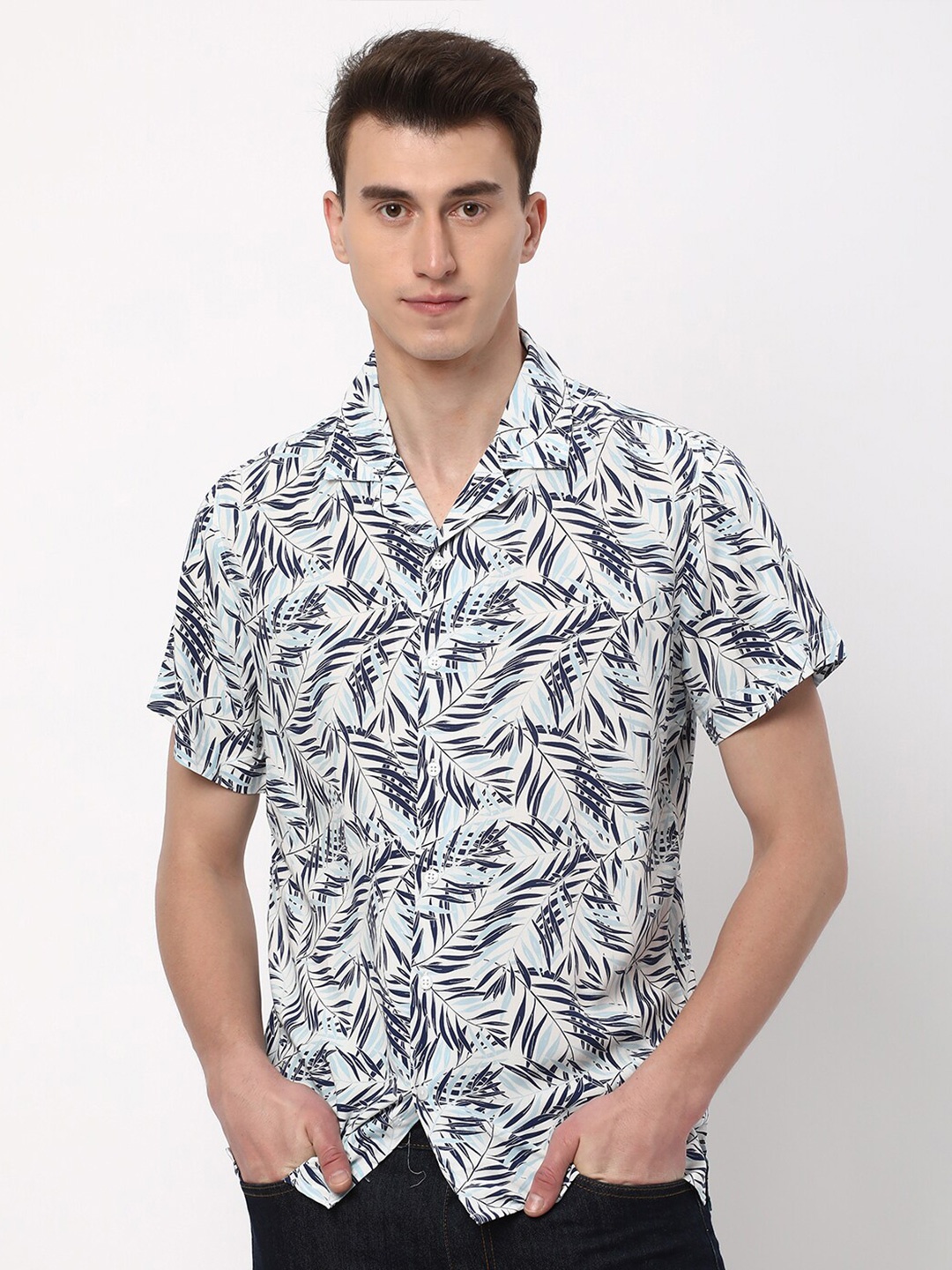 

R&B Floral Printed Cuban Collar Casual Shirt, White