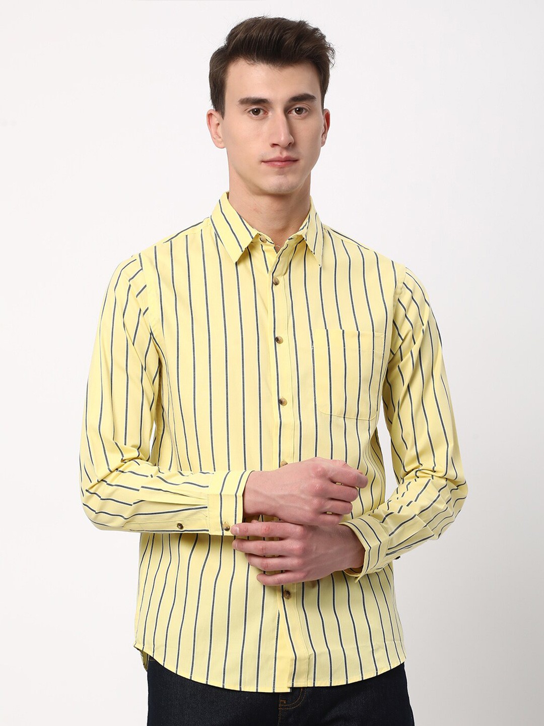 

R&B Striped Cotton Casual Shirt, Yellow