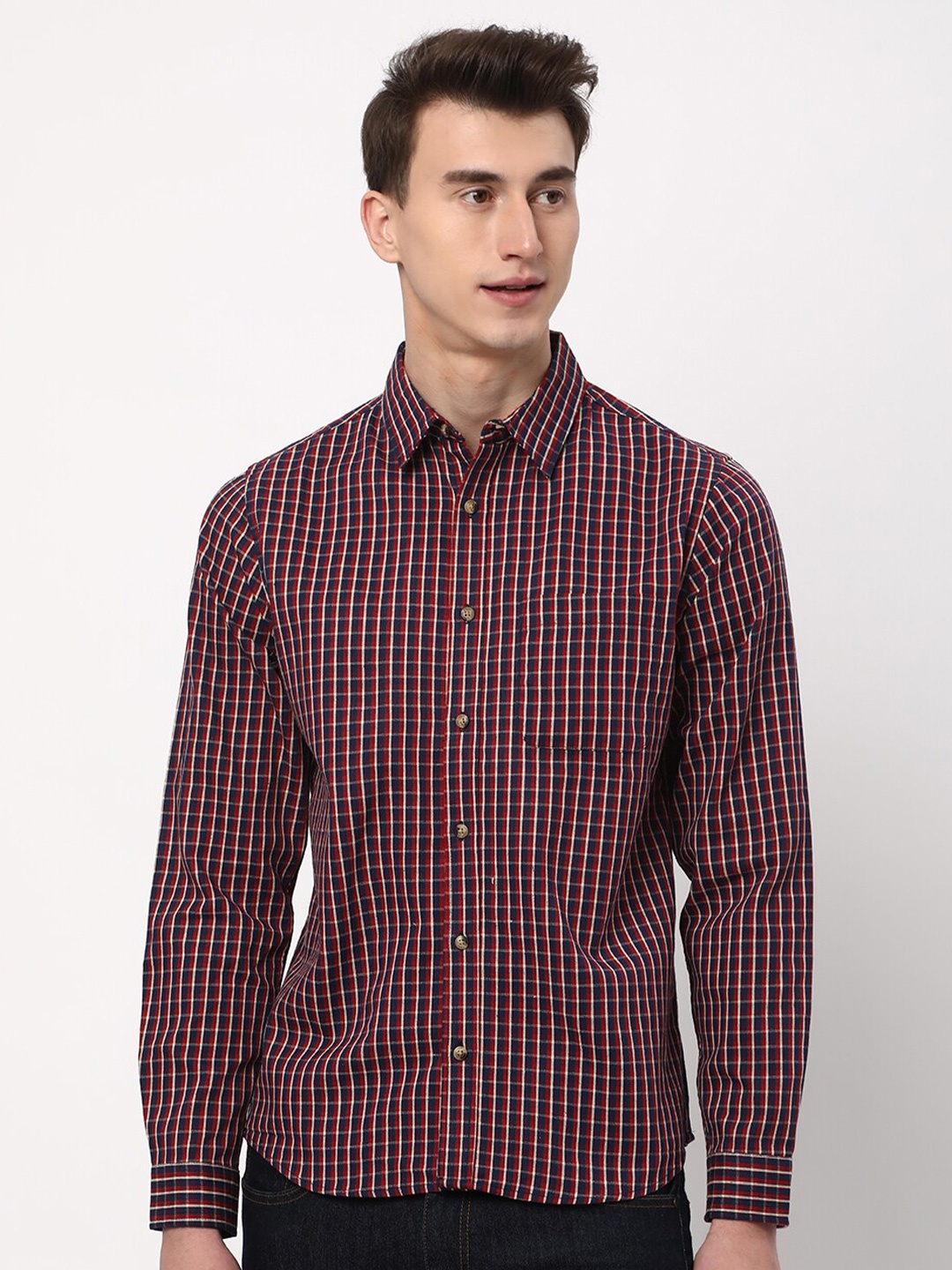

R&B Tartan Checks Cotton Casual Shirt, Navy blue