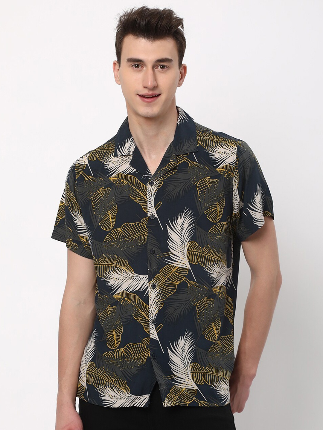 

R&B Floral Printed Short Sleeves Shirt, Navy blue
