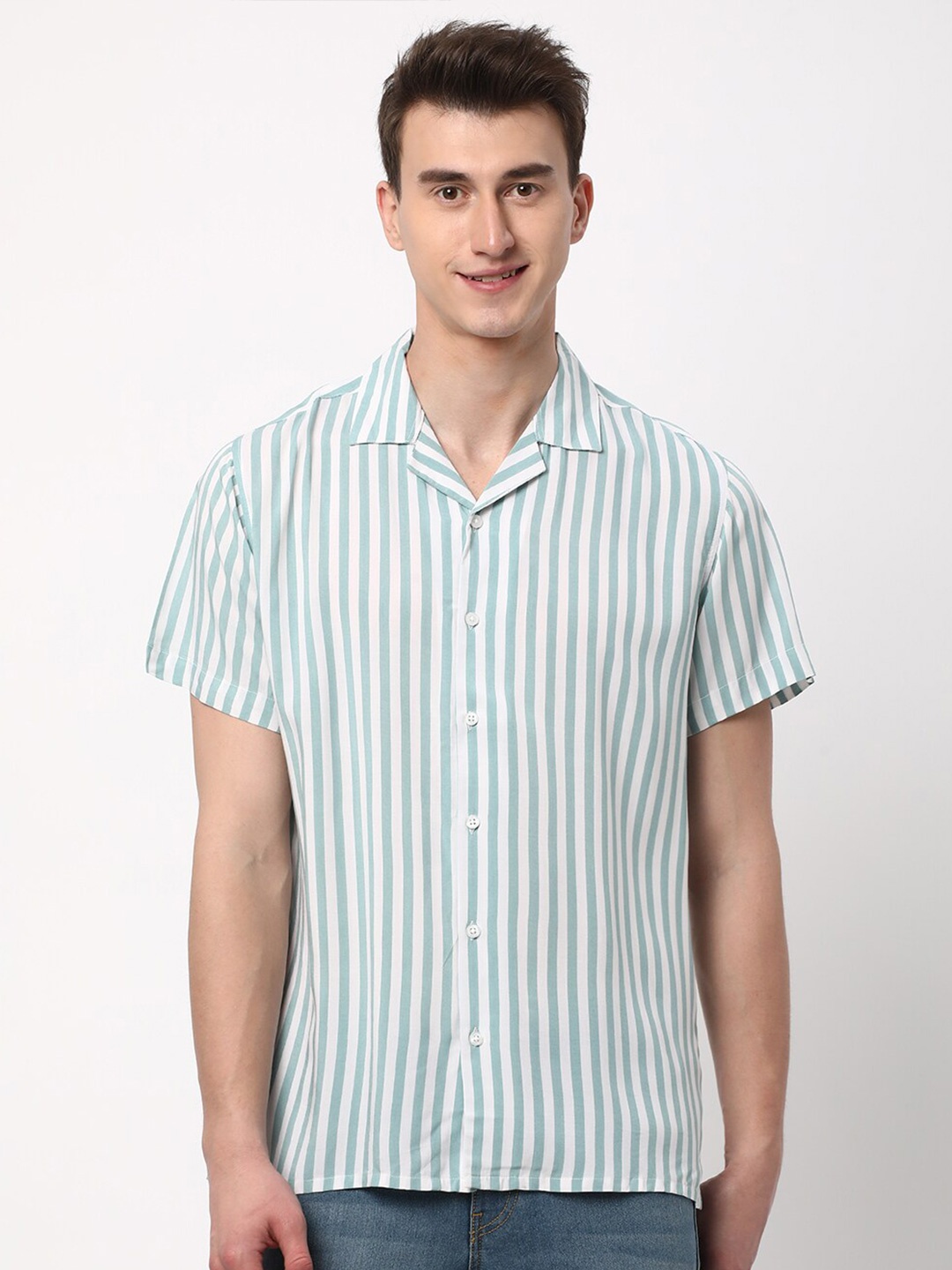 

R&B Vertical Striped Short Sleeves Shirt, Green