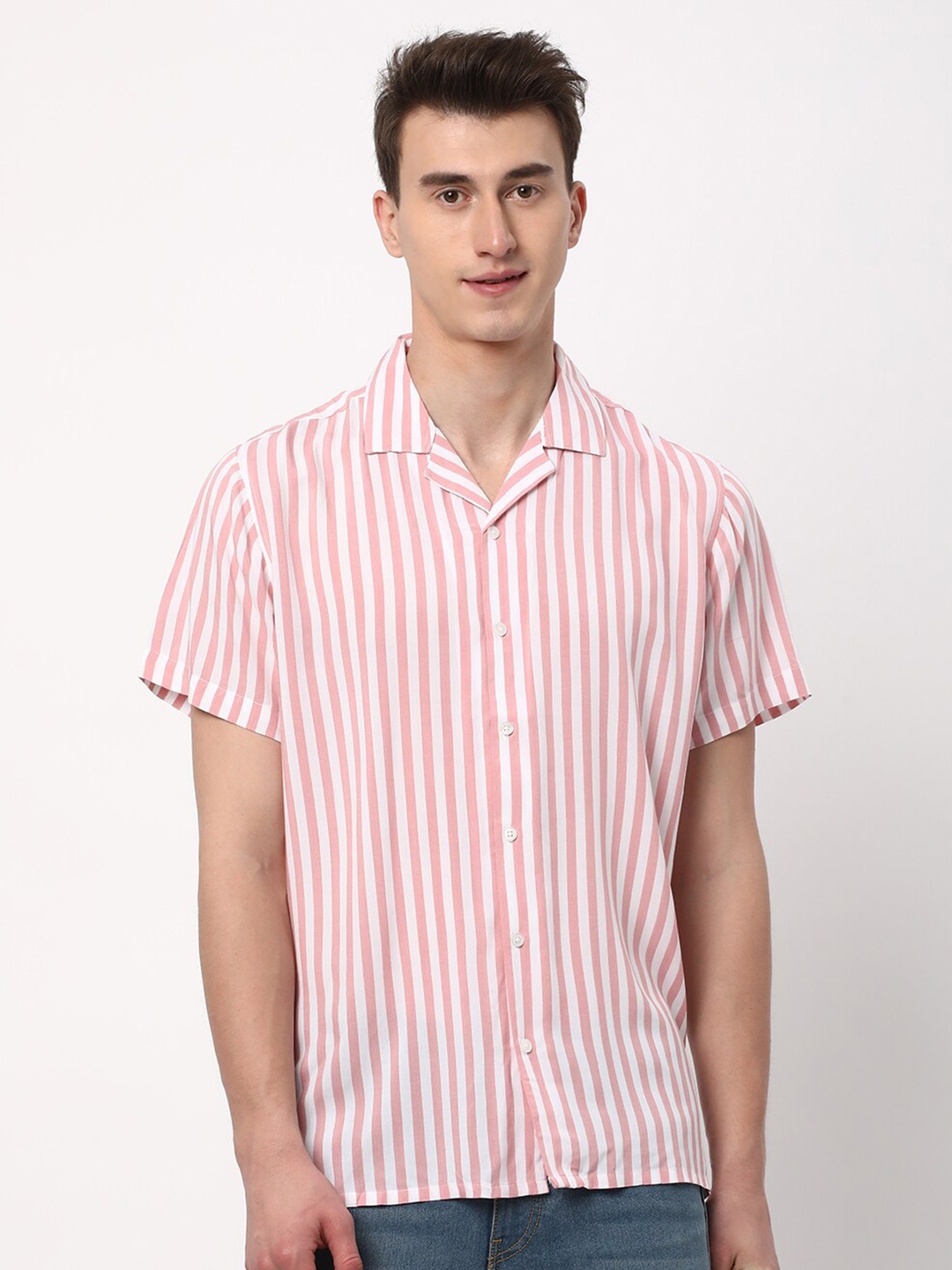 

R&B Vertical Striped Short Sleeves Shirt, Pink