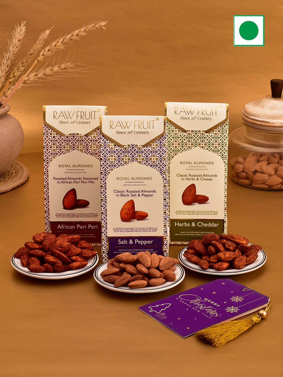 

RawFruit Set Of 3 Jingle Bite Almonds Assorted Xmas Gift Set-100gms Each, Beige