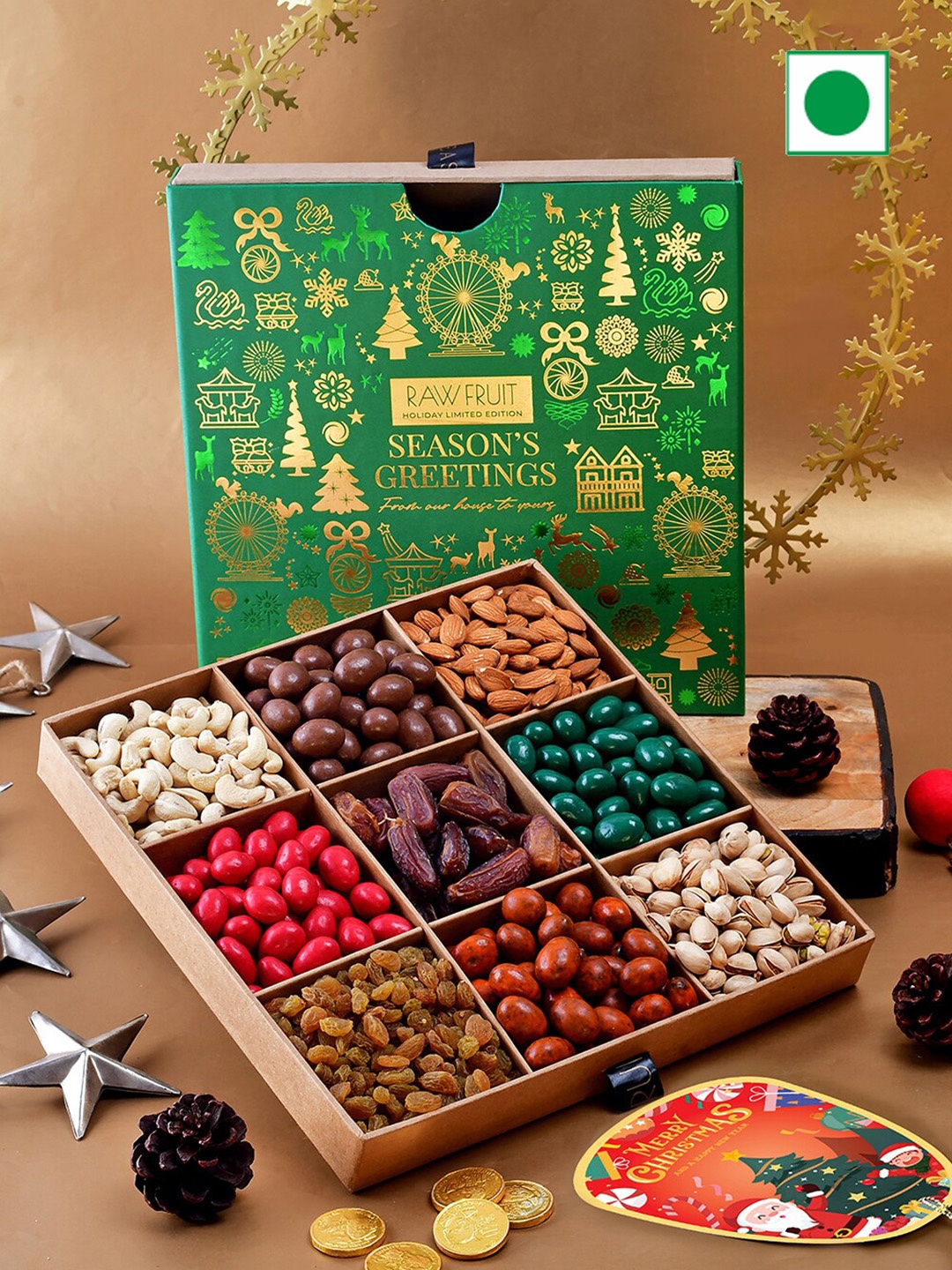 

RawFruit Set Of 9 Dry Fruits & Dragees Assorted Gifts Set, Green