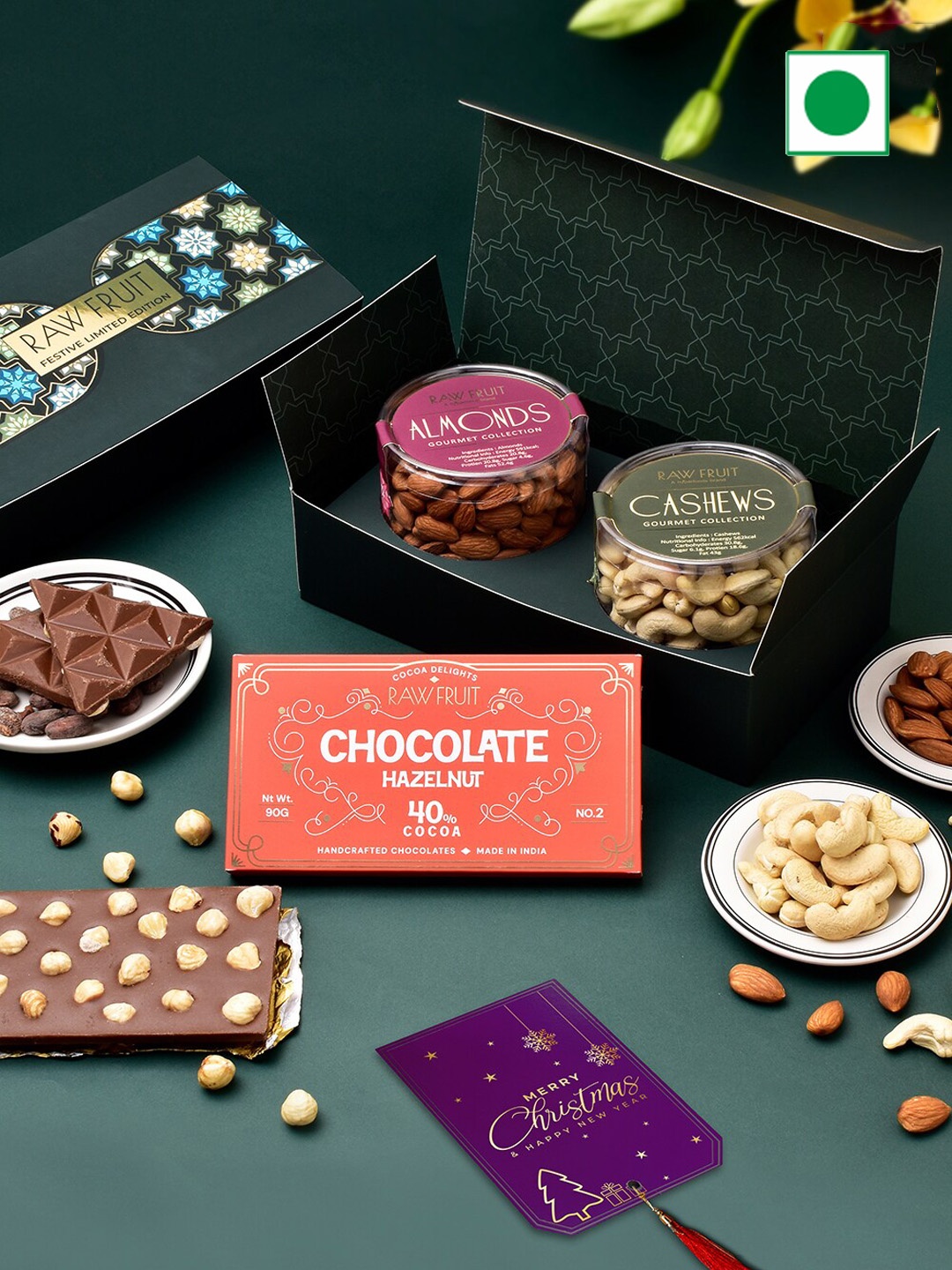 

RawFruit Set of 2 Nuts & Chocolate Bar with Greeting Card Gift Set, Green