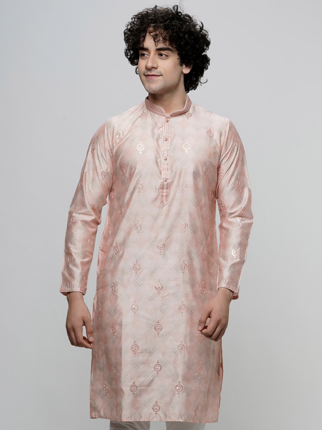 

MAAHI FABS Ethnic Motifs Printed Thread Work Mandarin Collar Straight Kurta, Peach