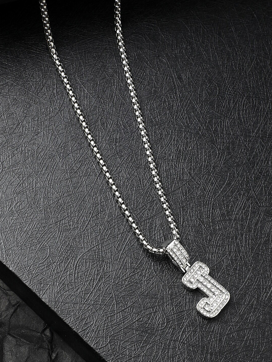 

French Accent Men Silver-Plated Stone Studded Pendant With Chain