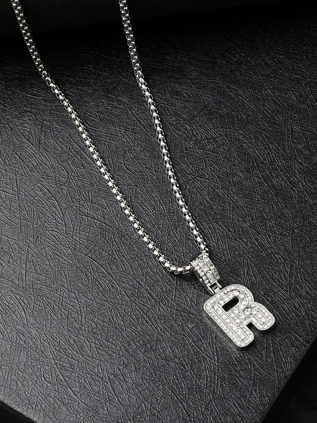 

French Accent Silver-Plated R Alphabet-Shaped Stones-Studded Pendant With Chain