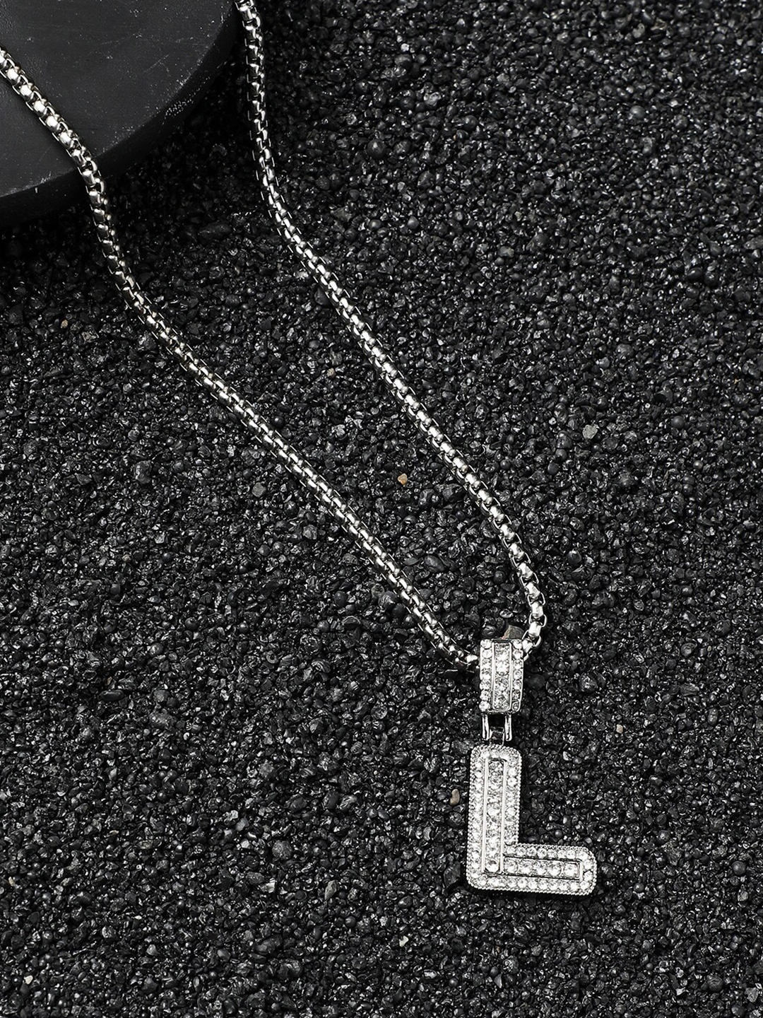 

French Accent Silver-Plated L Alphabet-Shaped Stones-Studded Pendant With Chain