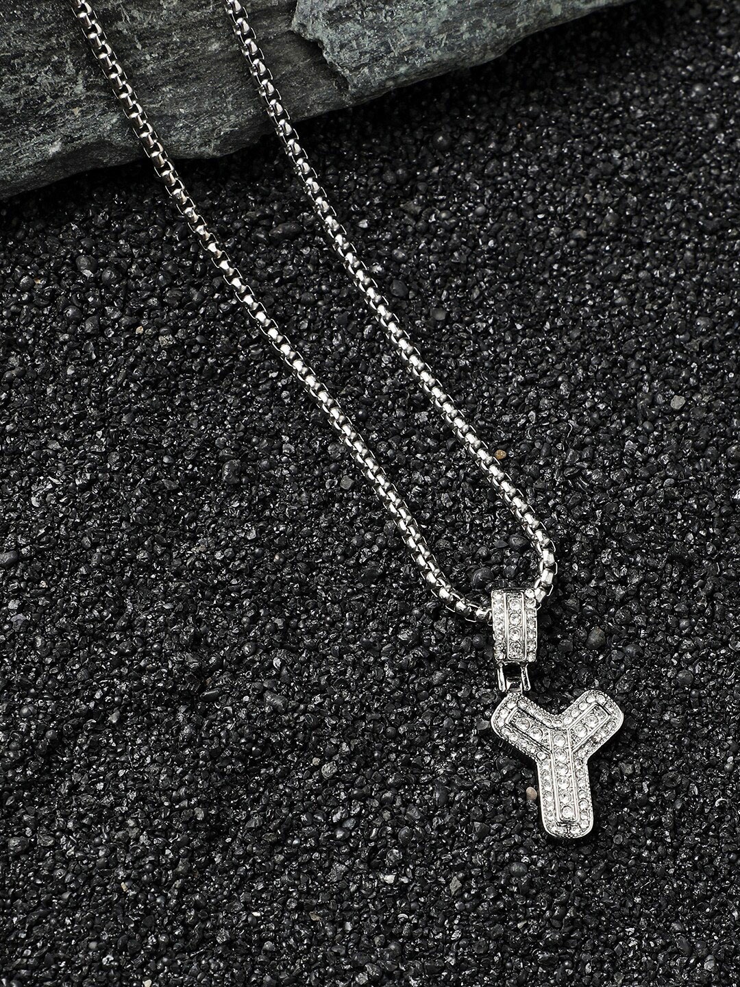 

French Accent Silver-Plated Stone Studded Pendant & Chain