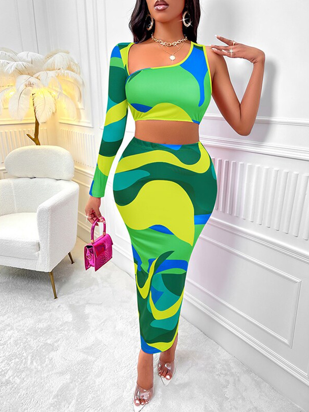 

StyleCast Green Printed Top and Skirt
