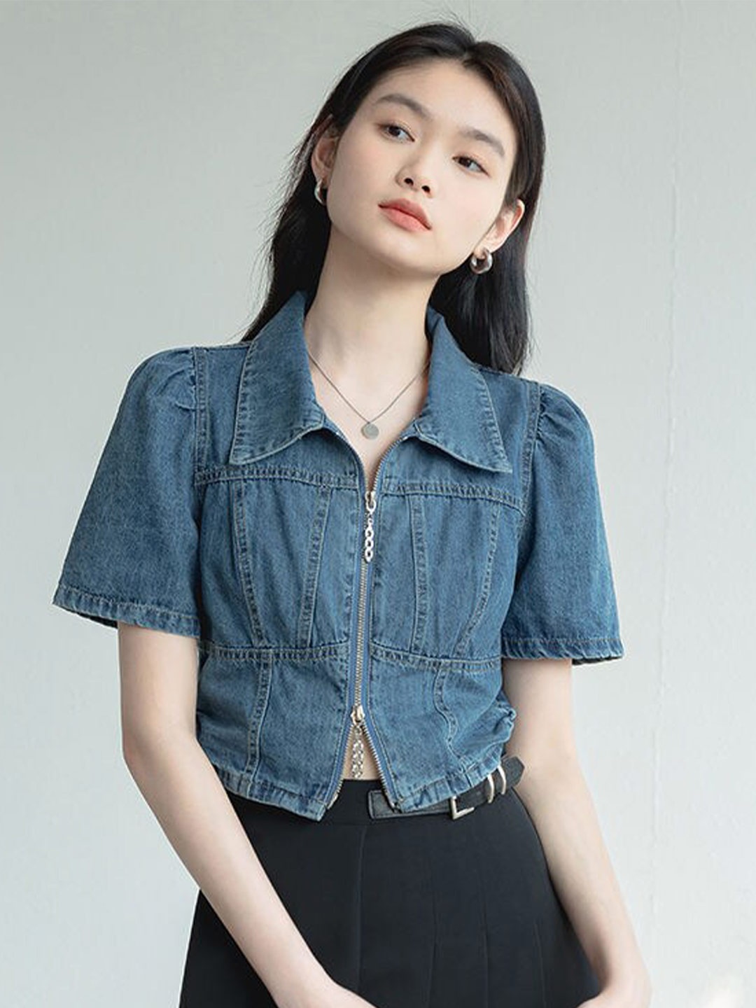 

StyleCast Blue Denim Cotton Crop Shirt