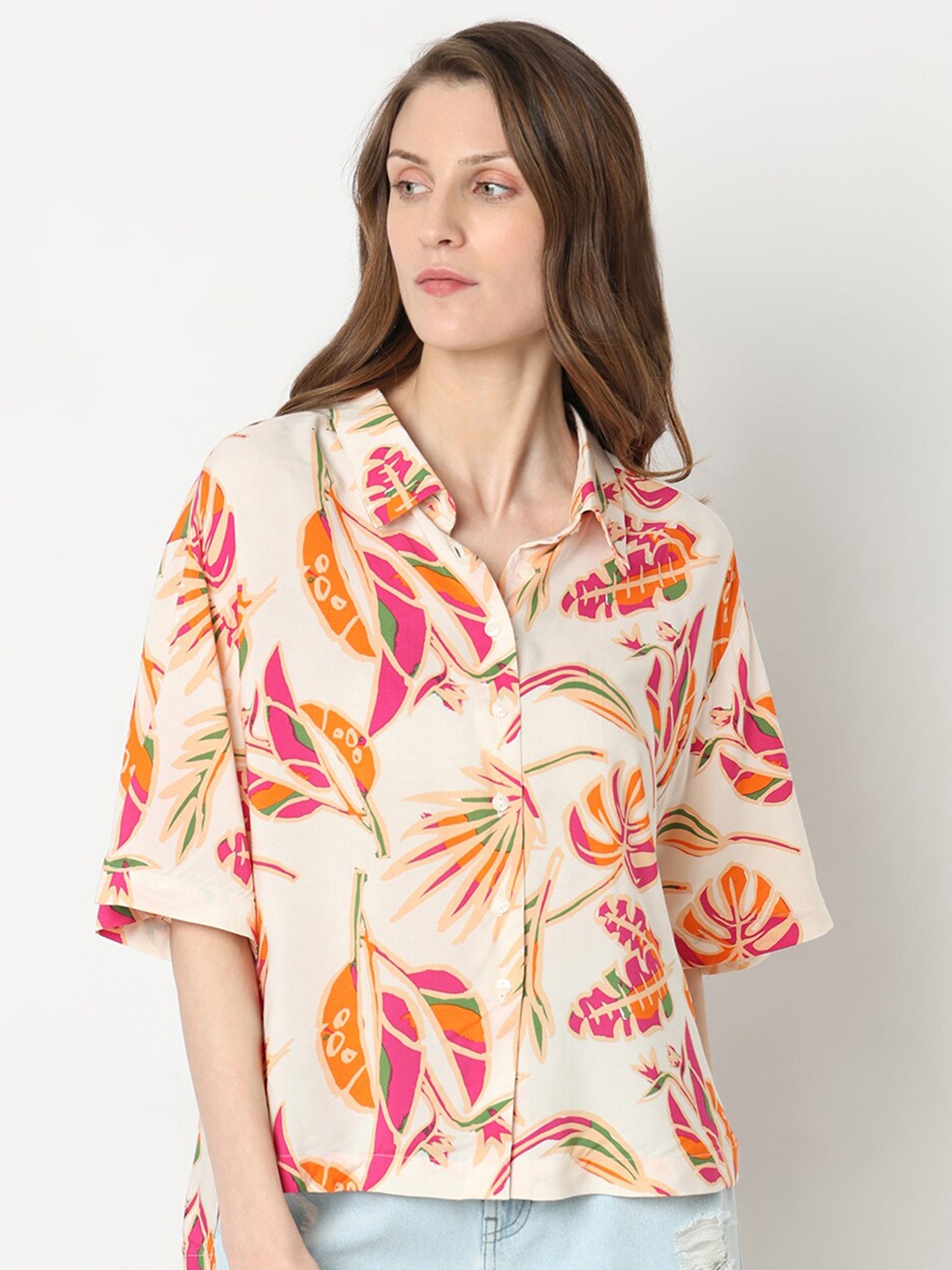 

Vero Moda White Boxy Floral Printed Drop-Shoulder Sleeves High Low Modal Casual Shirt, Off white