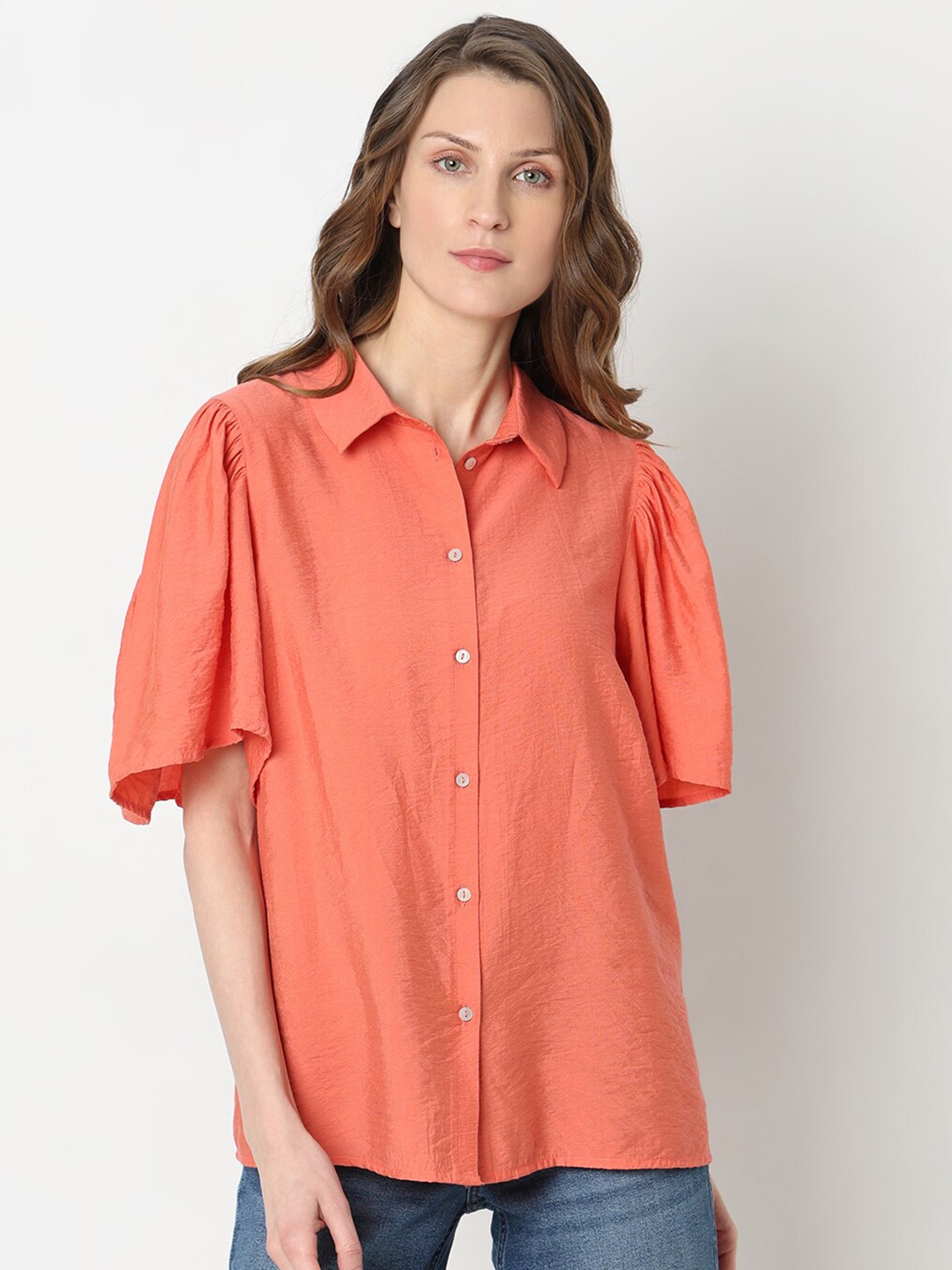 

Vero Moda Puff Sleeves Spread Collar Casual Shirt, Orange