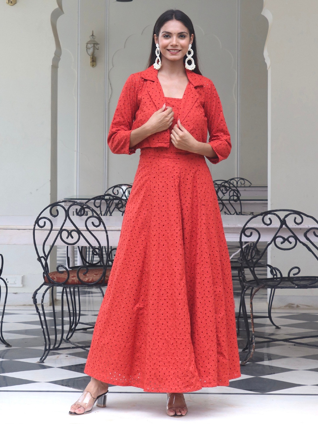 

OneWe Floral Embroidered Pure Cotton Fit & Flare Maxi Dress With jacket, Rust