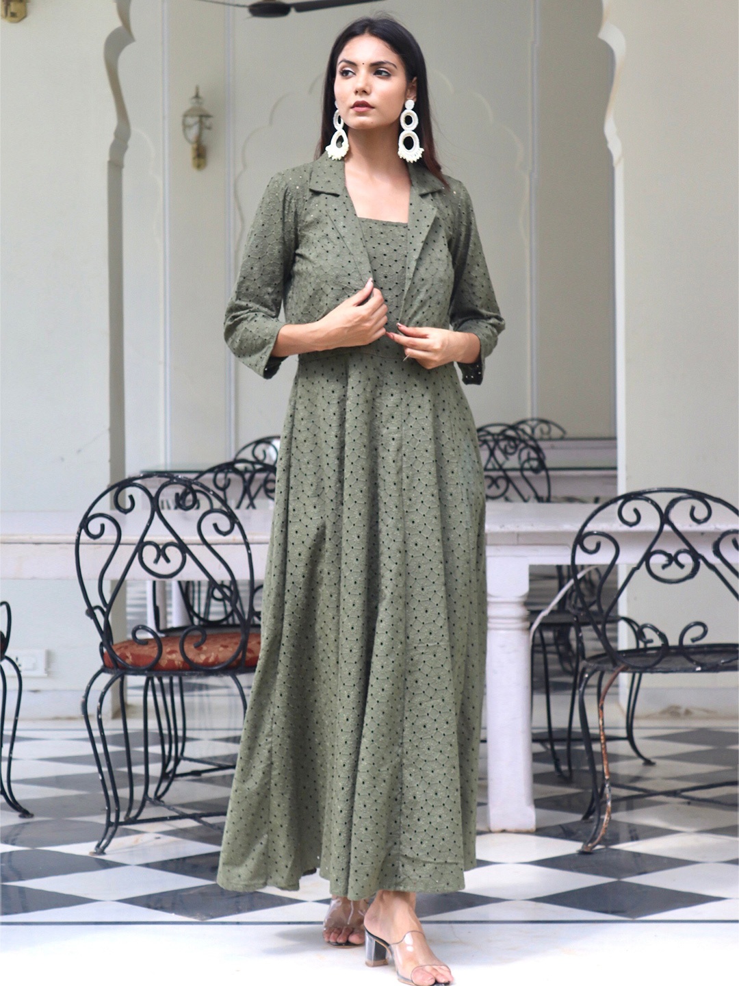 

OneWe Floral Embroidered Pure Cotton Fit & Flare Maxi Dress With jacket, Olive