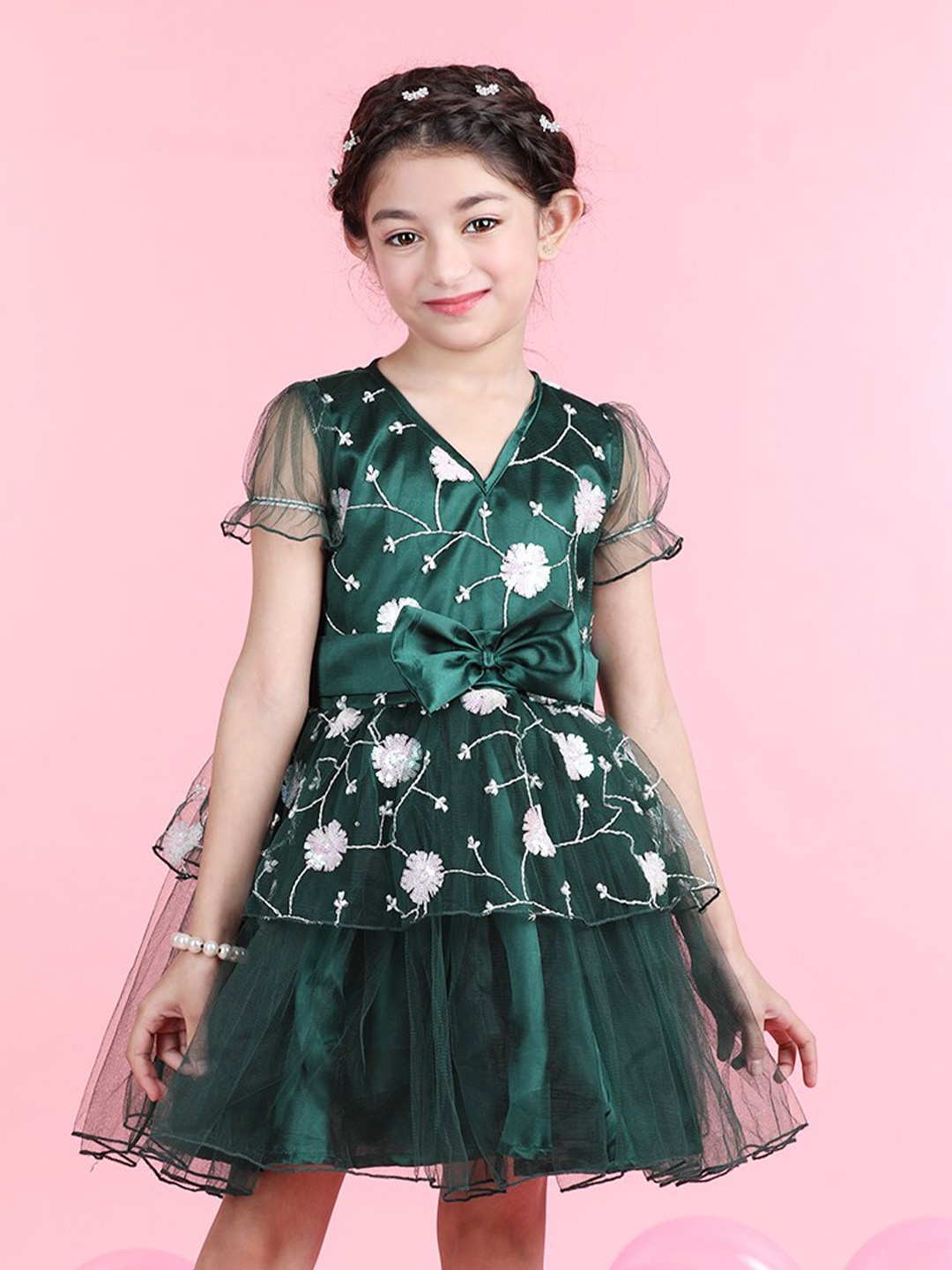 

Cutiekins Girls Floral Printed Puff Sleeve Layered Bow Net Fit & Flare Dress, Green