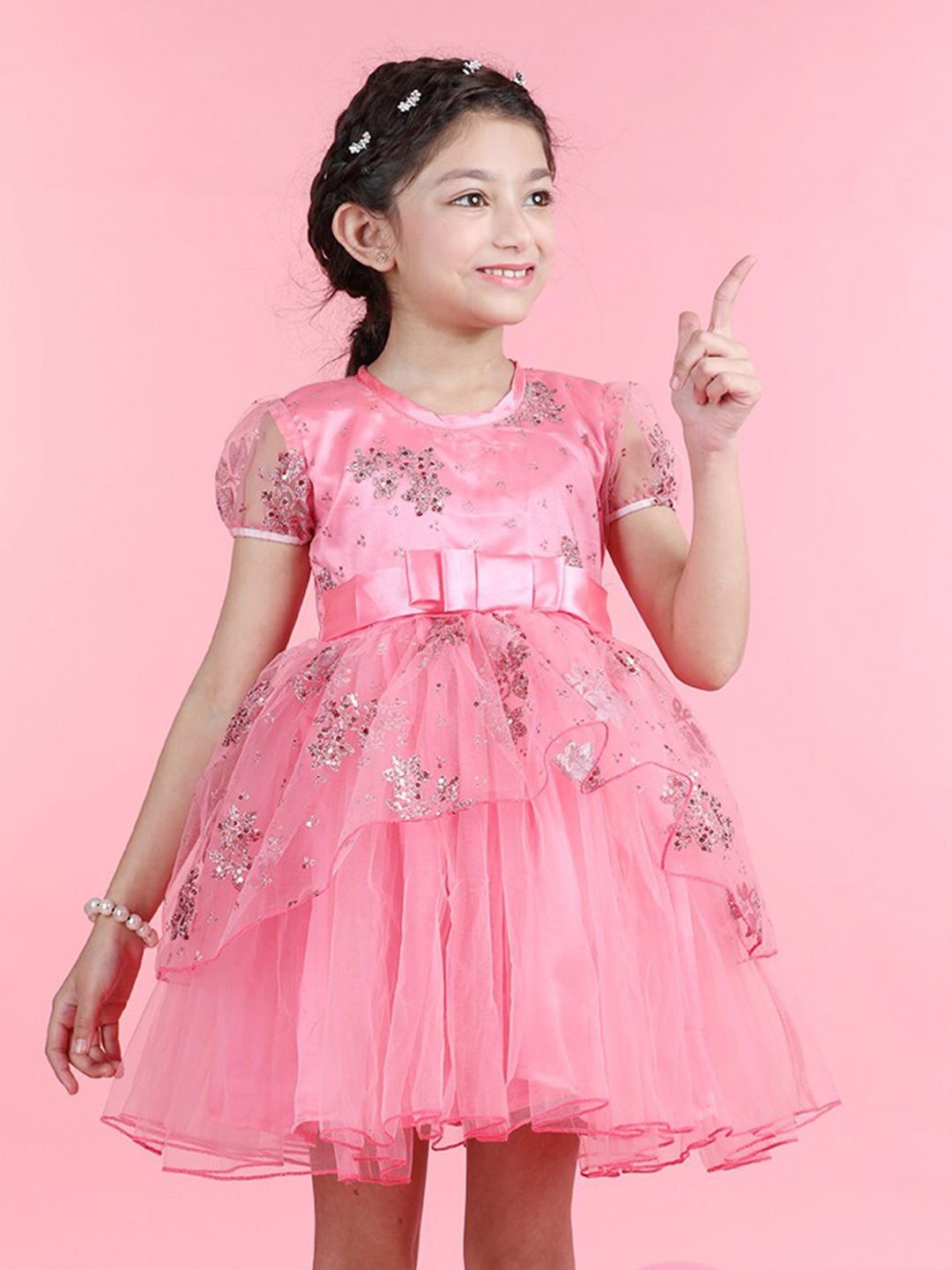 

Cutiekins Girls Embellished Bow Puff Sleeve Net Fit & Flare Dress, Coral