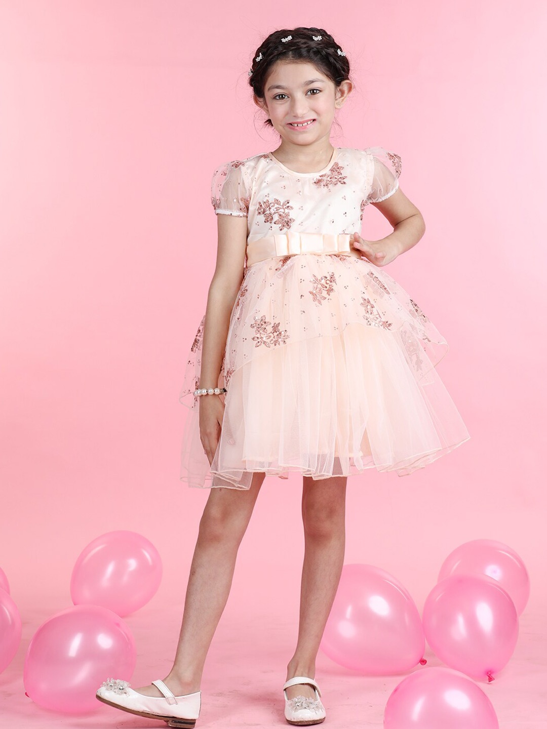 

Cutiekins Girls Embellished Bow Puff Sleeve Net Fit & Flare Dress, Peach