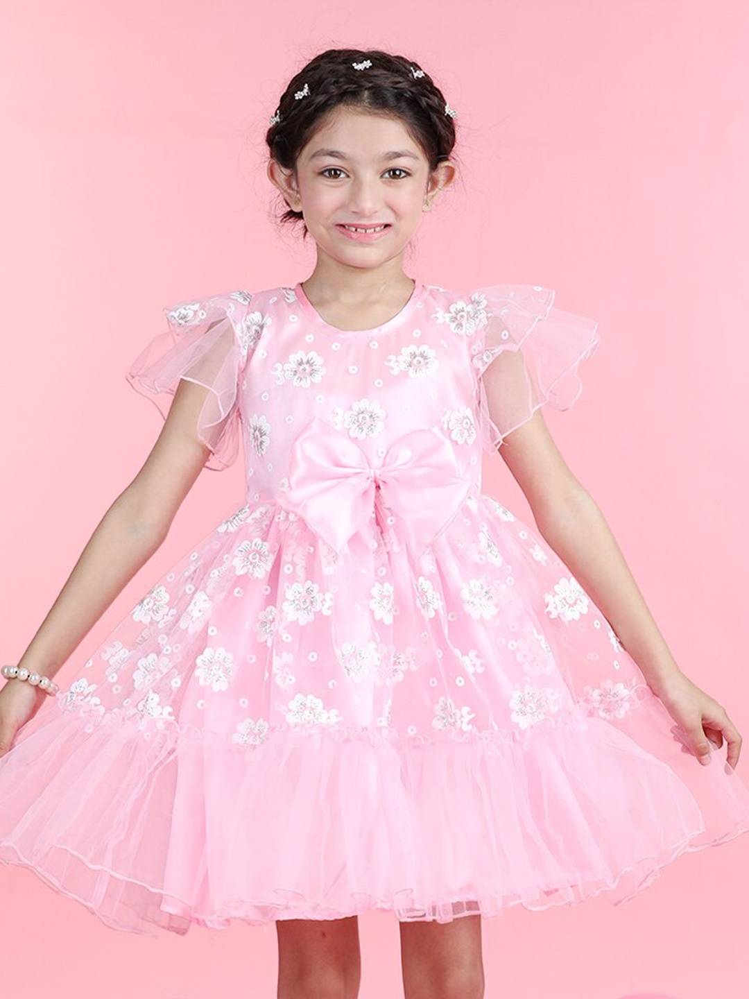 

Cutiekins Girls Floral Printed Flutter Sleeve Bow Tiered Net Fit & Flare Dress, Pink