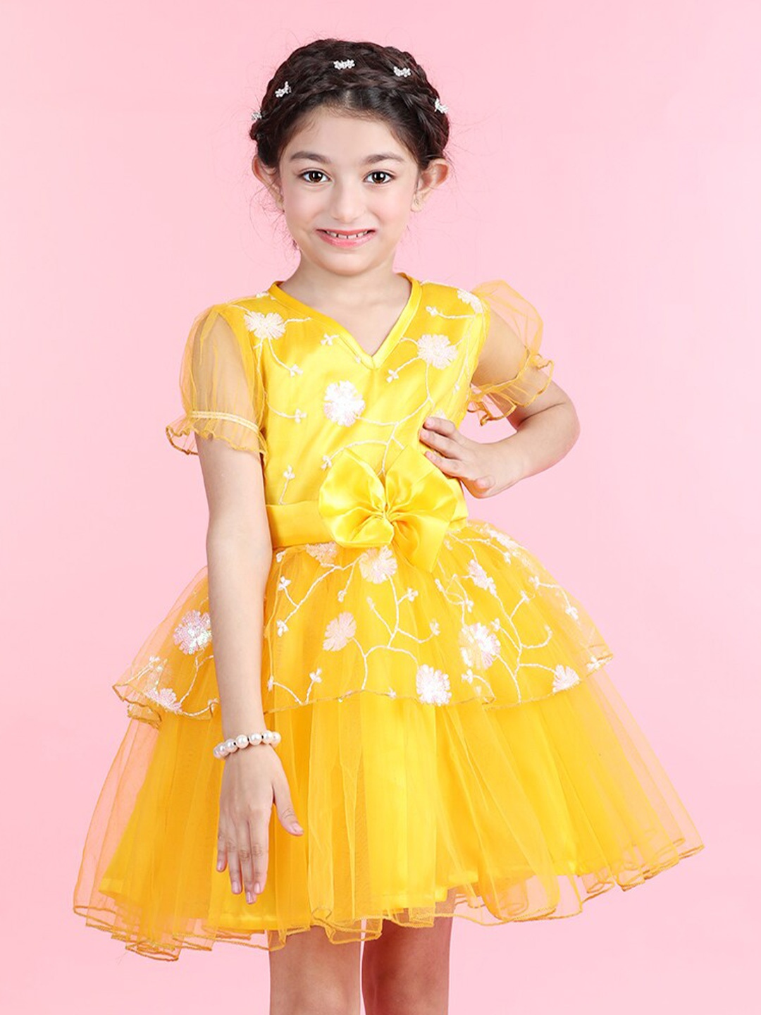 

Cutiekins Girls Floral Printed Puff Sleeve Layered Bow Net Fit & Flare Dress, Mustard