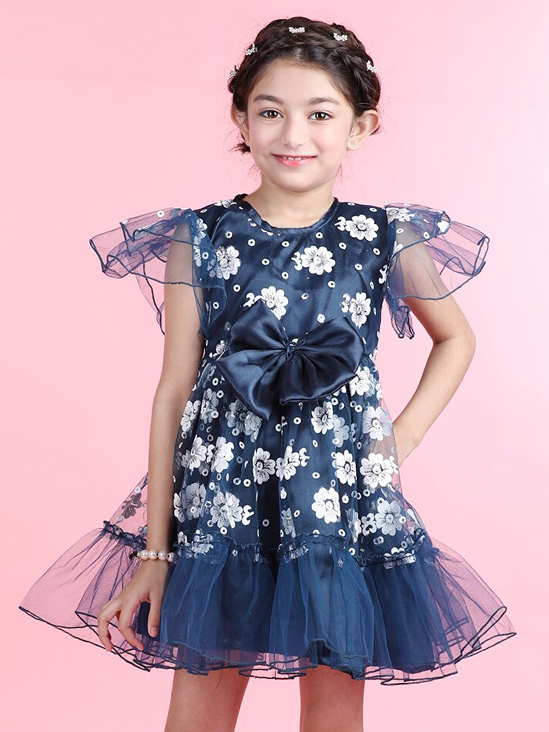 

Cutiekins Girls Floral Printed Flutter Sleeve Bow Tiered Net Fit & Flare Dress, Teal