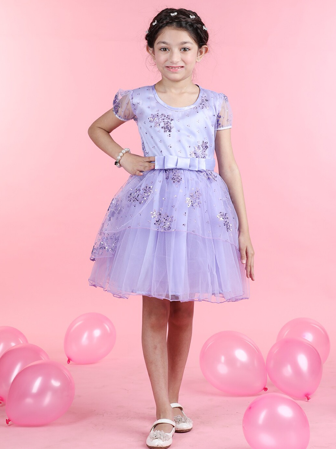 

Cutiekins Girls Embellished Bow Puff Sleeve Net Fit & Flare Dress, Purple