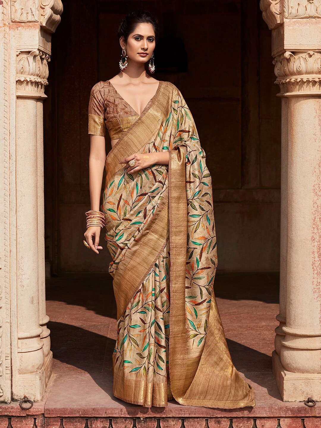 

Mitera Floral Printed Zari Designer Banarasi Saree, Beige
