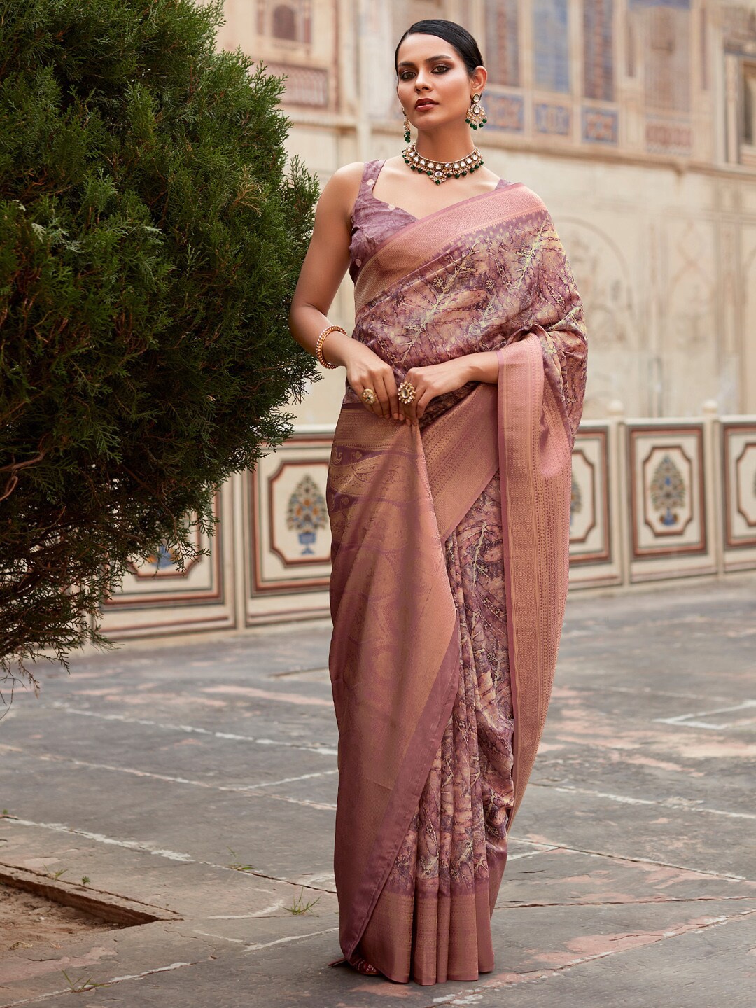 

Mitera Mauve & Cream Coloured Abstract Printed Zari Satin Designer Banarasi Saree
