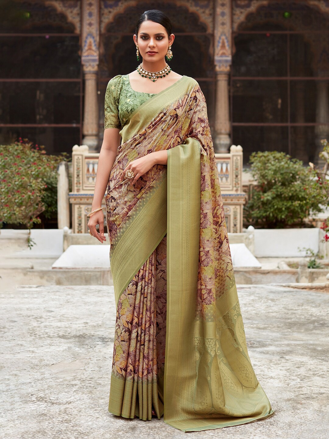 

Mitera Green & Burgundy Floral Printed Zari Satin Designer Banarasi Saree