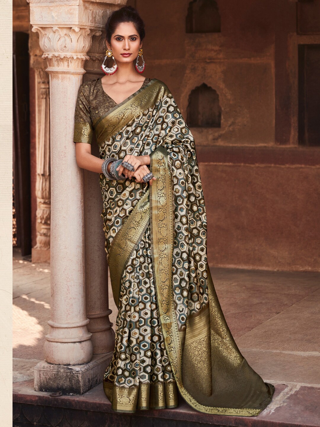 

Mitera Geometric Printed Zari Designer Banarasi Saree, Olive