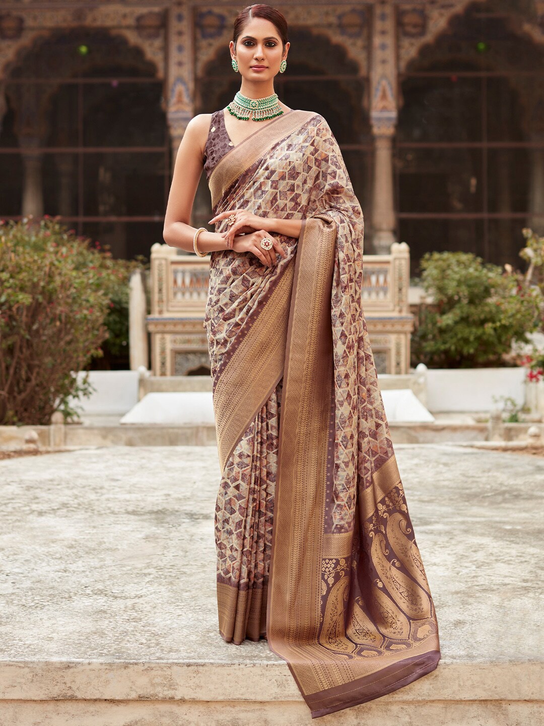 

Mitera Geometric Printed Zari Satin Designer Banarasi Saree, Mauve