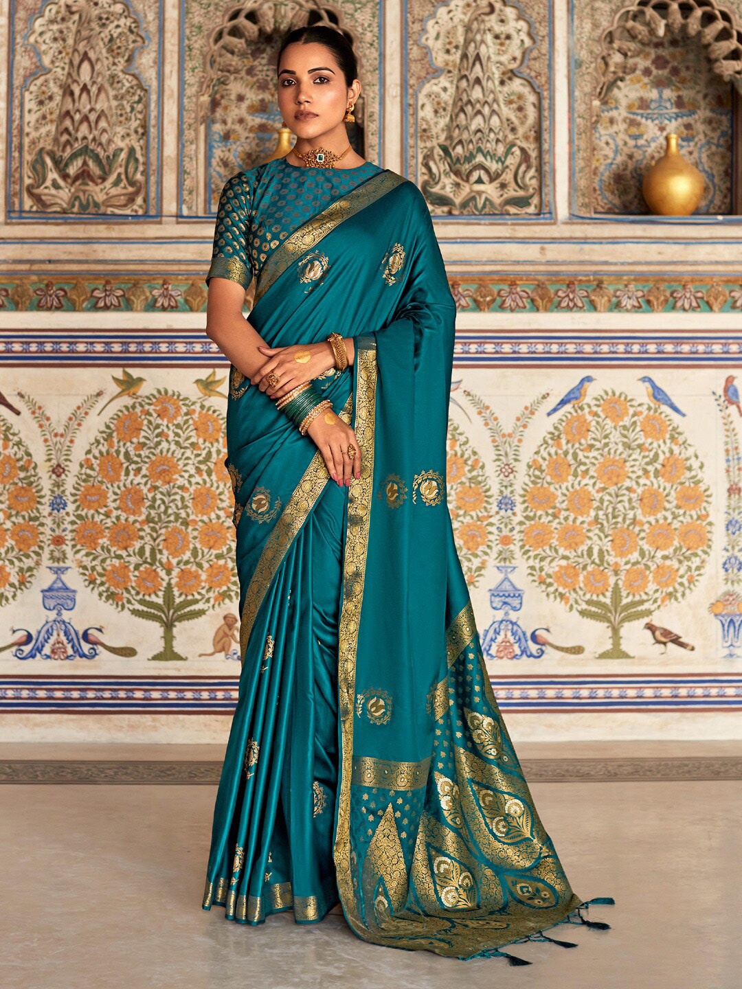 

Mitera Ethnic Motifs Woven Design Zari Satin Designer Banarasi Saree, Teal