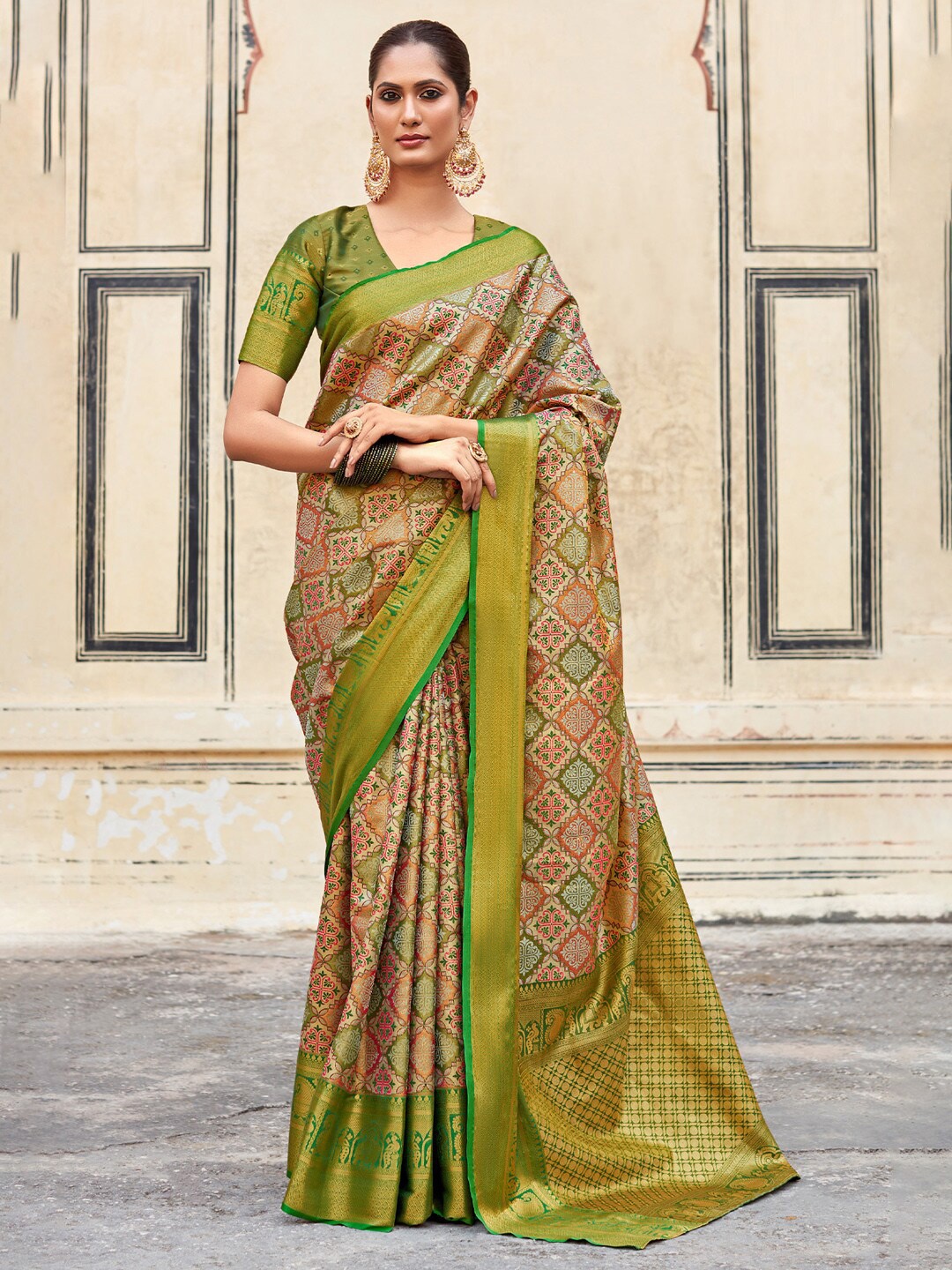 

Mitera Ethnic Motifs Printed Zari Designer Banarasi Saree, Green