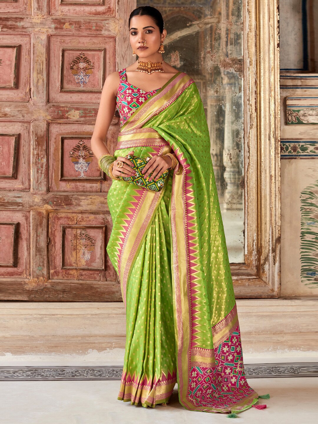 

Mitera Ethnic Motifs Tissue Designer Kanjeevaram Saree, Green