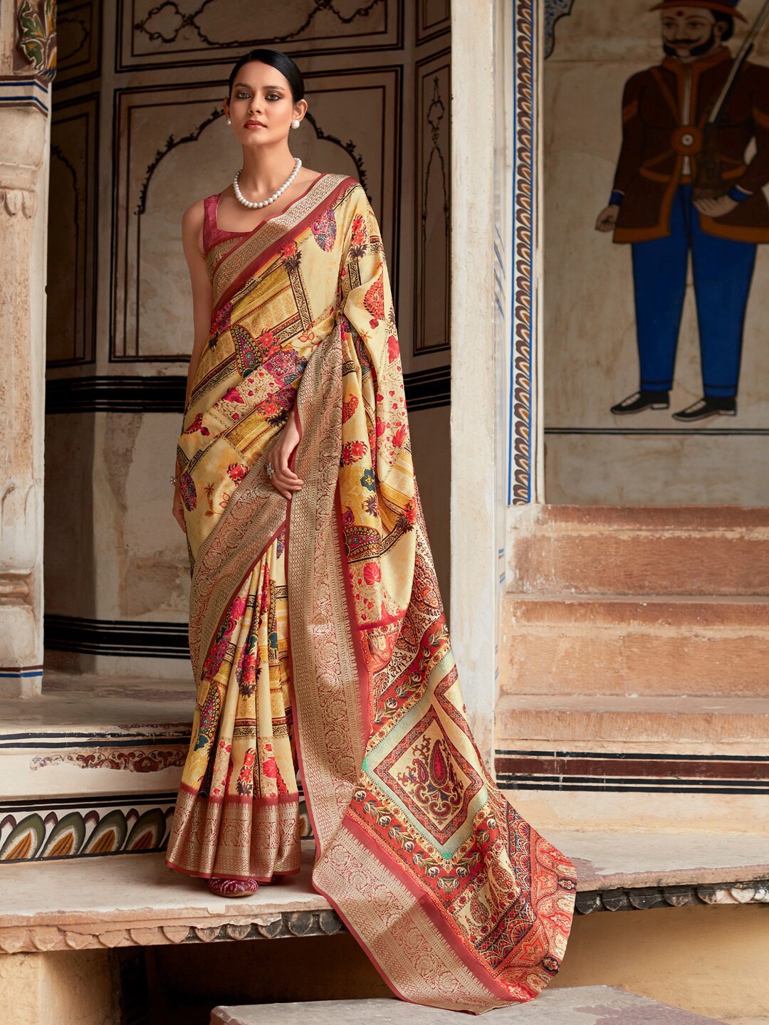 

Mitera Yellow & Red Paisley Printed zari Designer Sungudi Saree