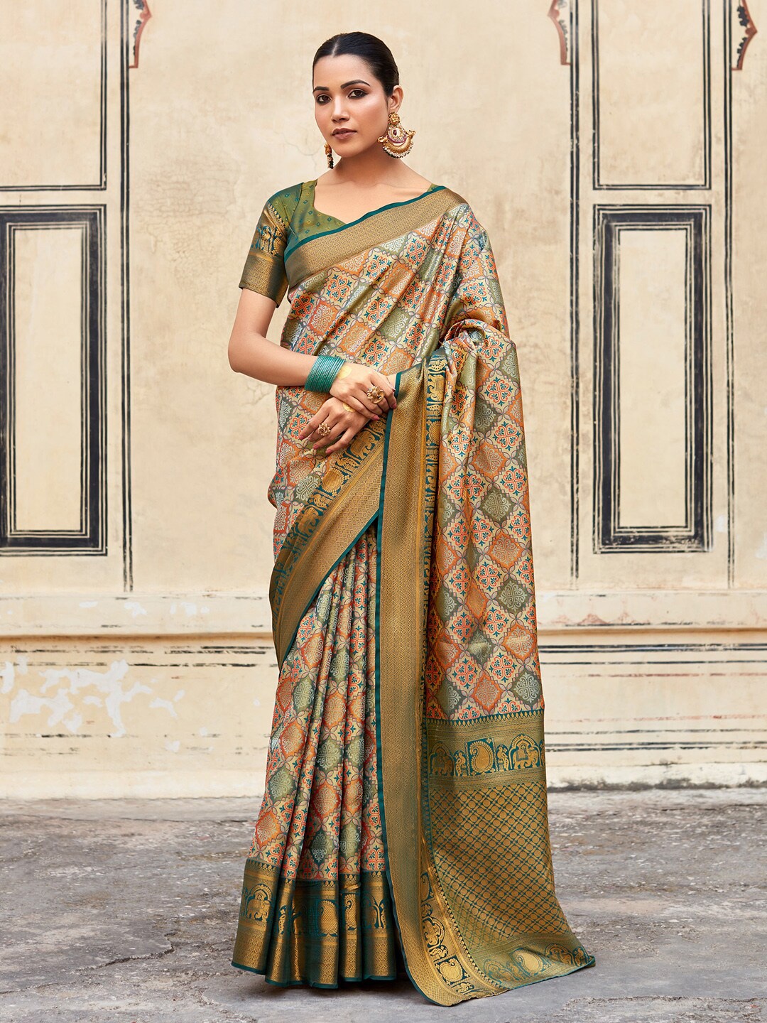 

Mitera Ethnic Motifs Printed Zari Designer Banarasi Saree, Orange