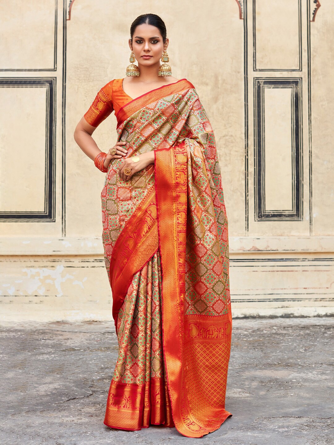 

Mitera Ethnic Motifs Printed Zari Designer Banarasi Saree, Sea green