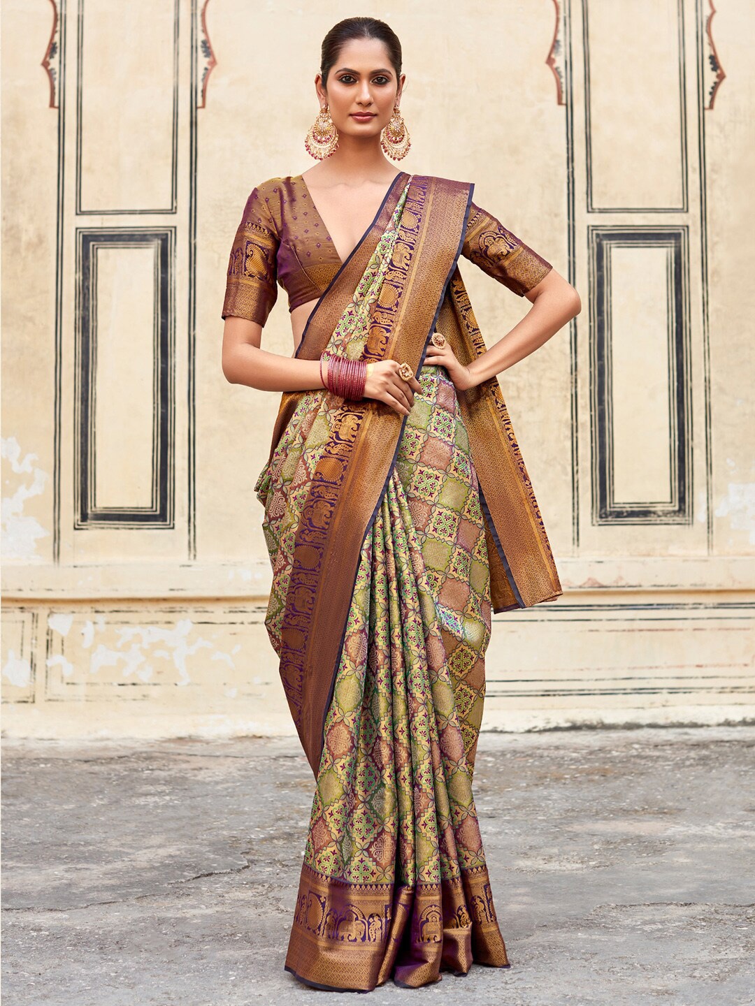 

Mitera Ethnic Motifs Woven Design Zari Designer Banarasi Saree, Green