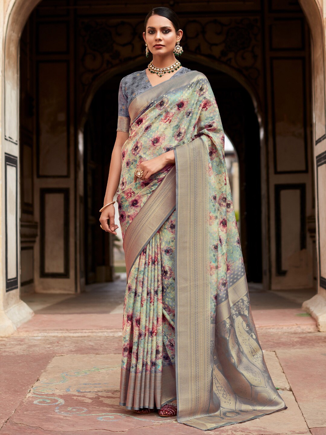 

Mitera Floral Printed Zari Satin Designer Banarasi Saree, Sea green