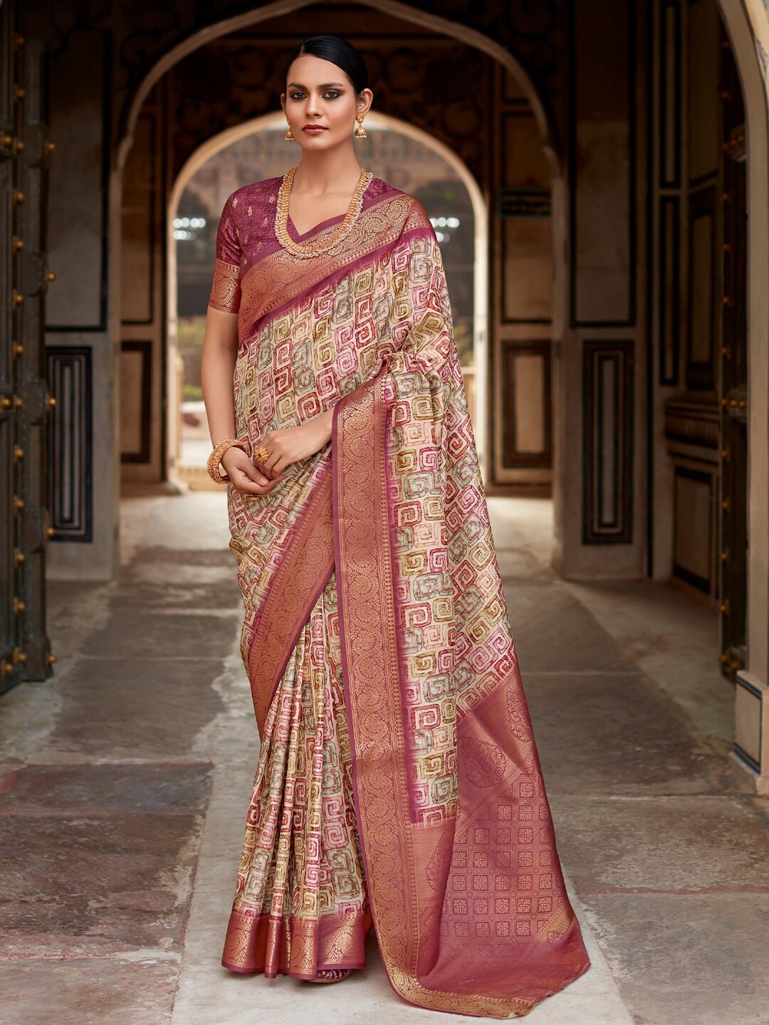 

Mitera Burgundy & Off White Geometric Printed Zari Designer Sungudi Saree