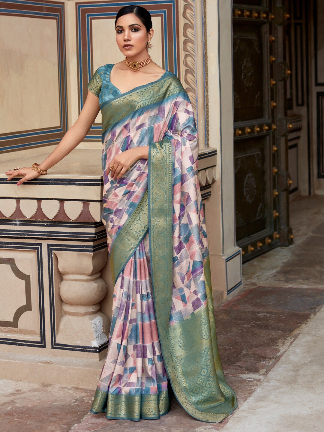 

Mitera Green & Purple Geometric Printed Zari Designer Sungudi Saree