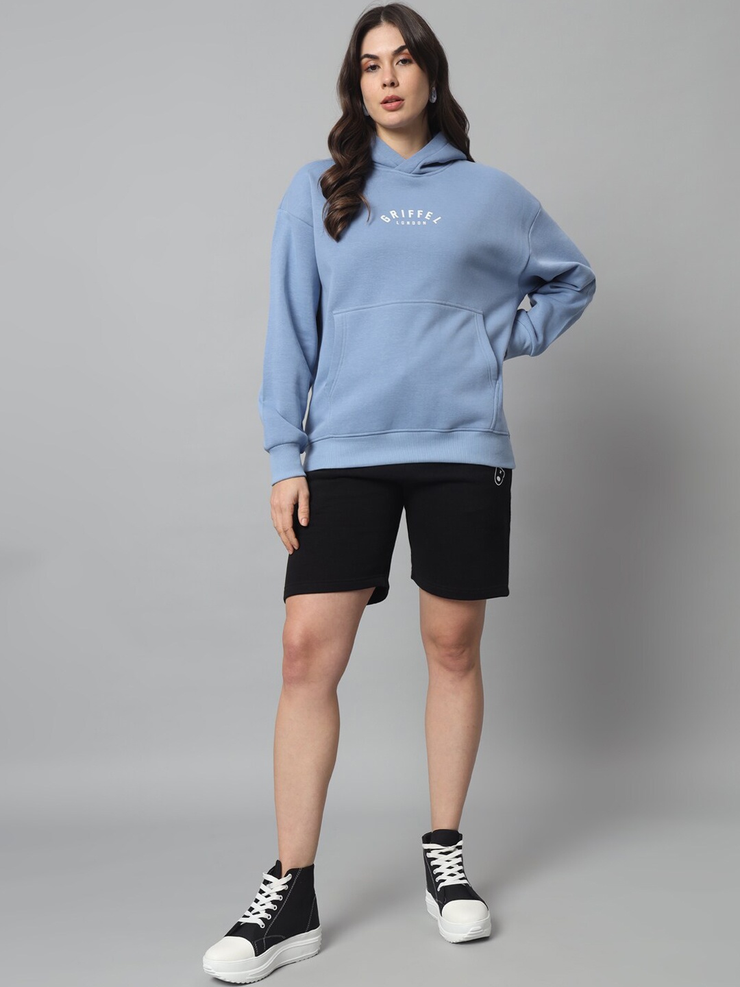 

GRIFFEL Typography Printed Hooded Cotton Sweatshirt & Short, Blue