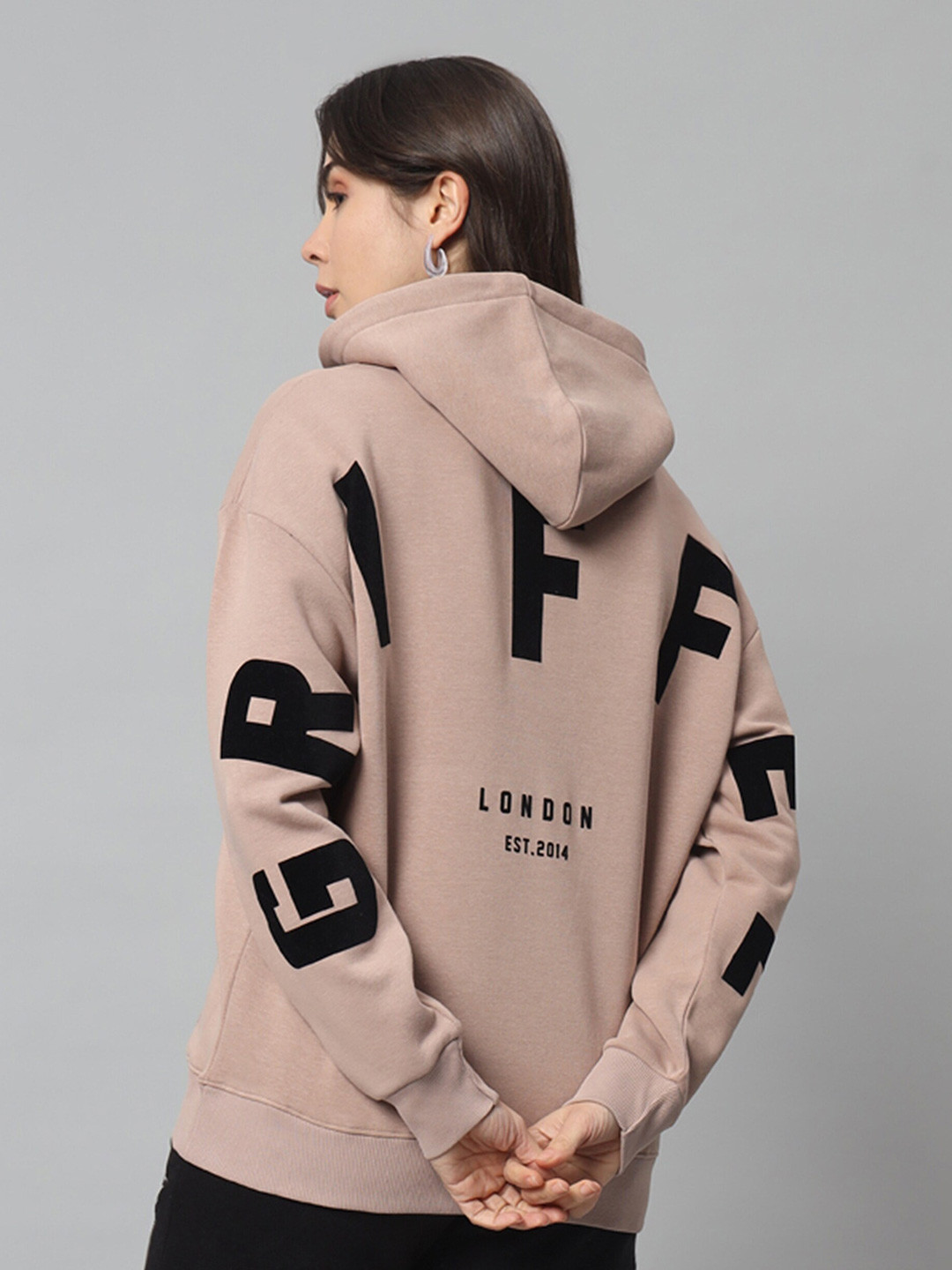 

GRIFFEL Typography Printed Hooded Drop Shoulder Sleeves Fleece Oversized Sweatshirt, Camel brown