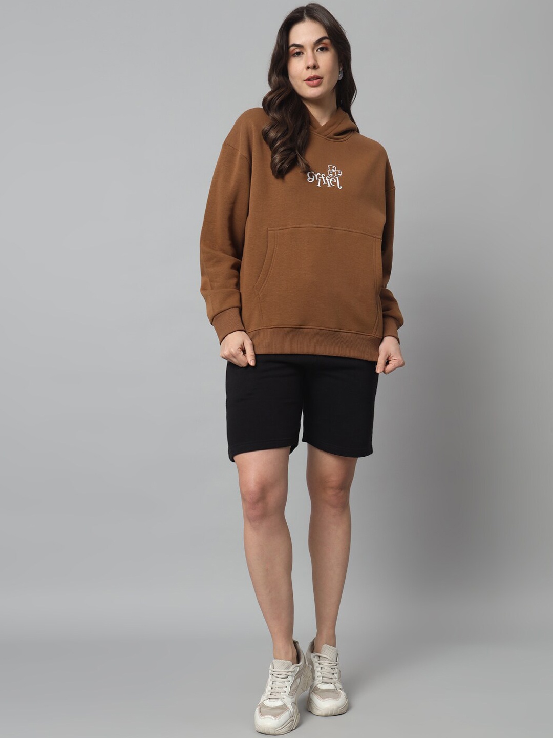 

GRIFFEL Printed Hooded Fleece Cotton Sweatshirt With Shorts, Brown